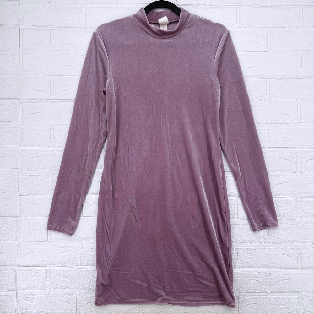 H&M Velvet Mock Neck Dress Womens Size M Purple Long Sleeve Mini Bodycon